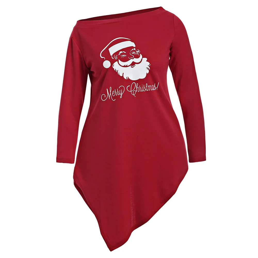 

Wipalo Plus Size Skew Neck Santa Claus Print Longline Tee Christmas Top Graphic Fashion Long Sleeve T Shirts Women Big Size Tops
