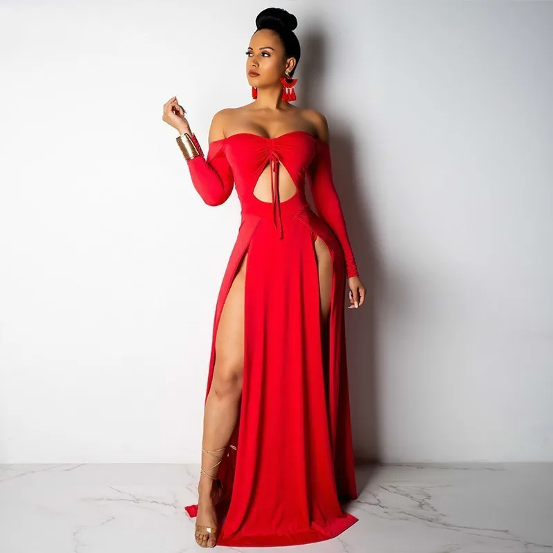 

PFFLOOK Summer Dress Women 2019 Off Shoulder Sexy Dress Bodycon Maxi Dress Plus Size High Split Long Dress Hollow Out Vestido
