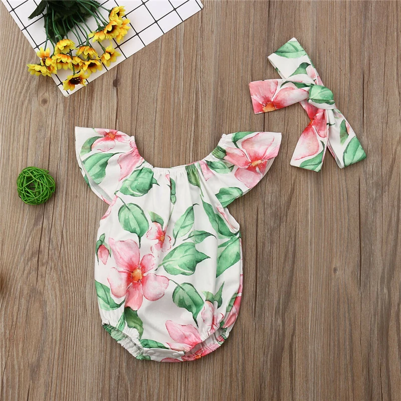 

New Baby Girls Newborn Clothes Summer Floral Bodysuits+Bowknot Headband 2Pcs Cute Ropa Bebe Girl Infant Carters Bodysuit Modis