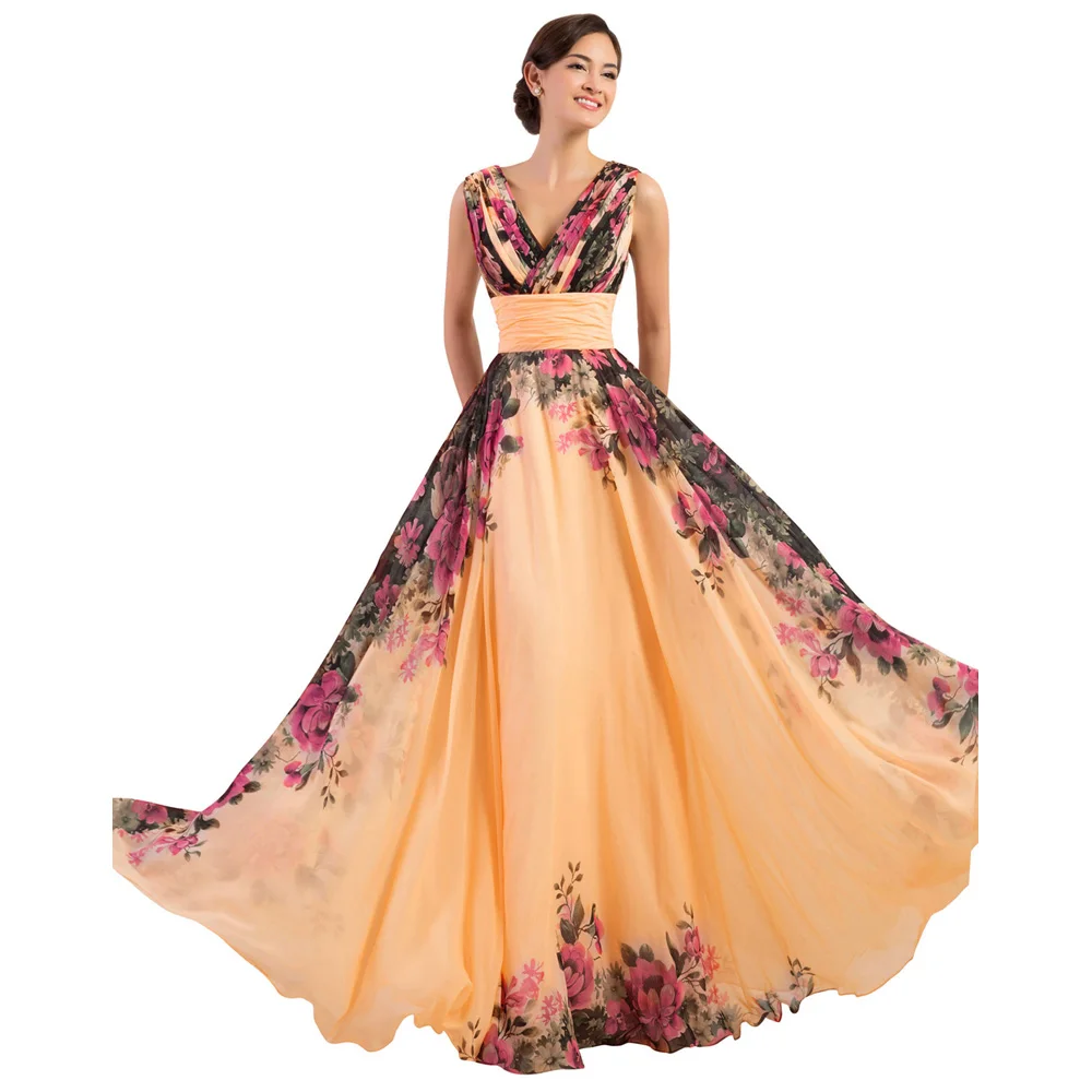 

Fashion Sexy Women Dress Deep V-Neck Flower Pattern Chiffon Ball Gown Evening Prom Party Dress new Arrival
