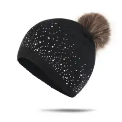 2019 для женщин шапочки вязаная шапка хлопок Алмаз Регулируемый мягкий Pom теплая зимняя шапка кепки s Дамы повседневное шапки подарки новые