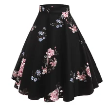 Retro Hepburn Vintage Women Skirt Floral Print Spring Summer Knee Length Skirt Cotton High Waist Swing Party Skirts Faldas Saia
