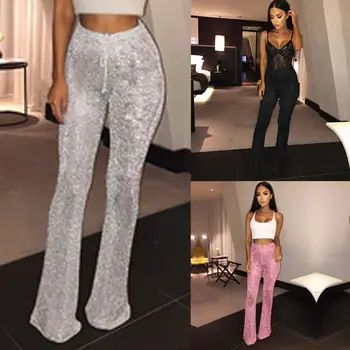 

Women Ladies Bell Bottom Flare Long Pants Sequin High Waisted Clubwear Party Knitted Trousers Pant