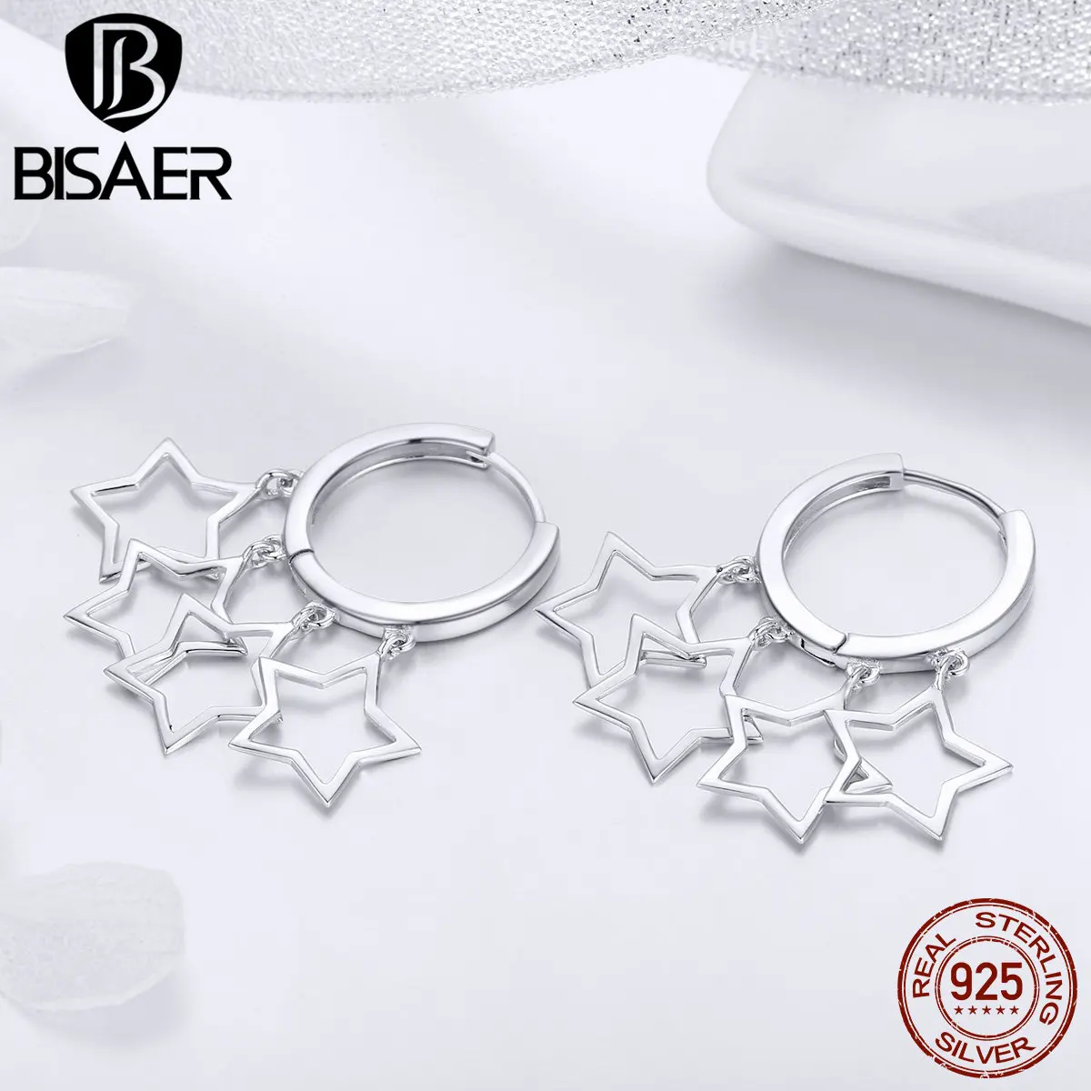 BISAER, 925 пробы, серебряные серьги-гвоздики с мерцающими звездами для женщин, модные серьги с геометрическими звездами, ювелирные изделия, серьги, бижутерия ECE481