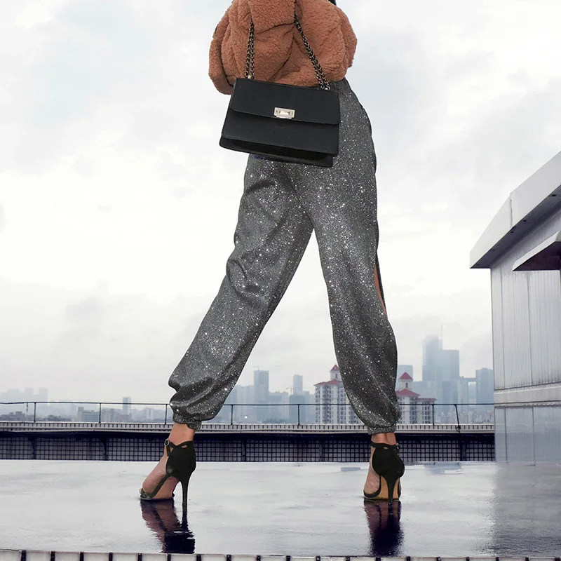 HOUZHOU Summer Women Side Split High Waist Harem Pants Streetwear Sexy Joggers Twinkle Elastic Waist Loose Casual Full Length HOUZHOU Summer Women Side Split High Waist Harem Pants Streetwear Sexy Joggers Twinkle Elastic Waist Loose Casual Full Length