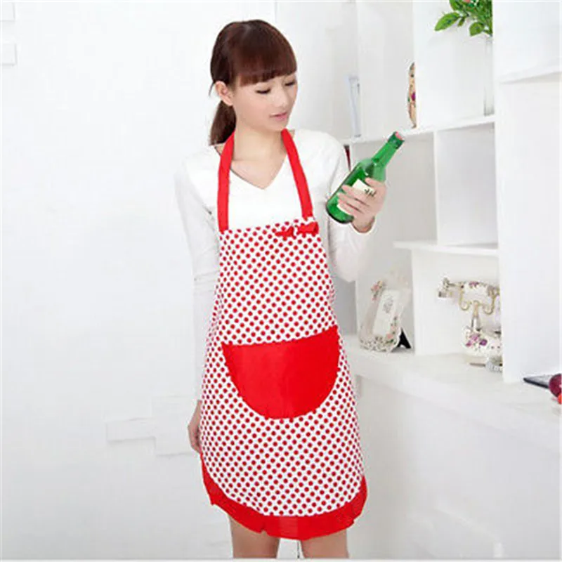 Cute BowKnot Dot Women Kitchen Restaurant Bib Cooking Aprons With Pocket