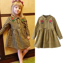 Платья для девочек с вышивкой розы; клетчатые Детские платья принцессы с цветочным рисунком; костюм; плиссированные вечерние платья в клетку; детское платье для свадьбы; Robe Fille