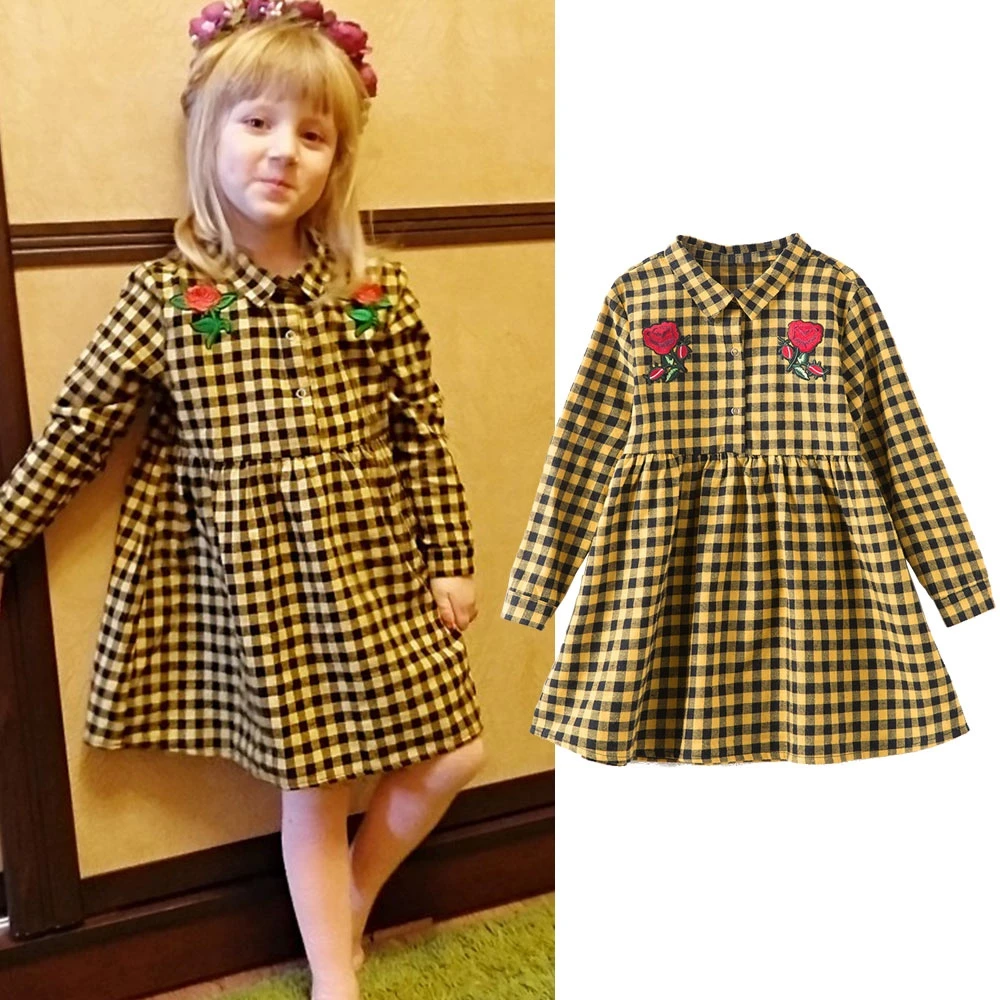 

Rose Embroidery Girl Dresses Plaid Kids Flower Princess Dresses Costume Plaid Pleated Party Wedding Kids Dress Robe Fille