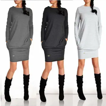 

Fashion Winter Women Solid O-Neck Long Shirt Casual Long Sleeve Pullover Dress