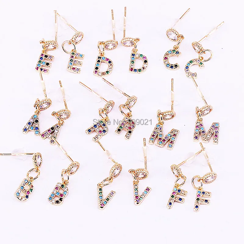 

Fashion 10Pair Micro Pave rainbow cz A-Z letter dangle earrings, gold color mini size zirconia letter earring for Girls/Women