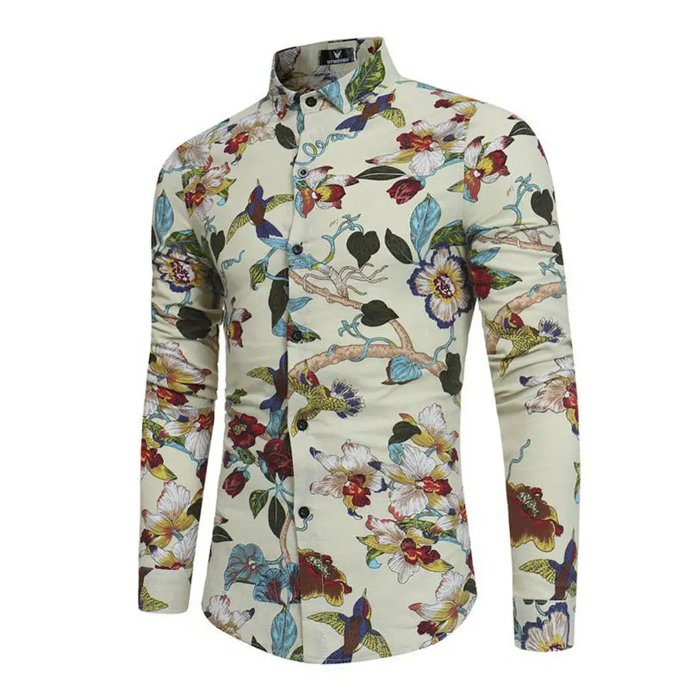 Fashion Men Casual Shirts Floral shirt Long Sleeve Slim Fit Tops Button