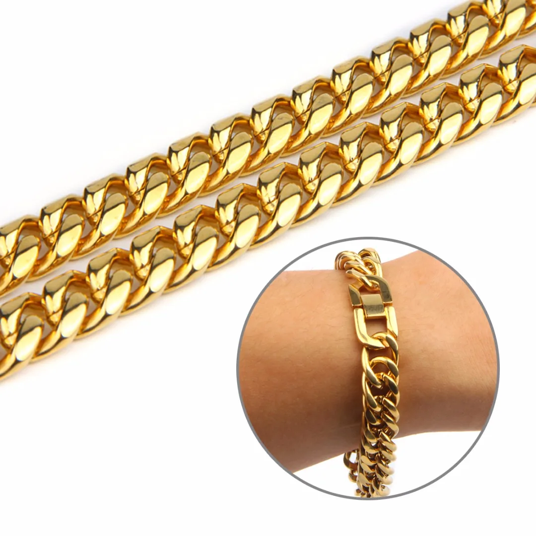 

12mm Width Men Bracelet Gold Color Stainless Steel Bracelet & Bangle Male Accessories Hip Hop Party Rock Jewelry