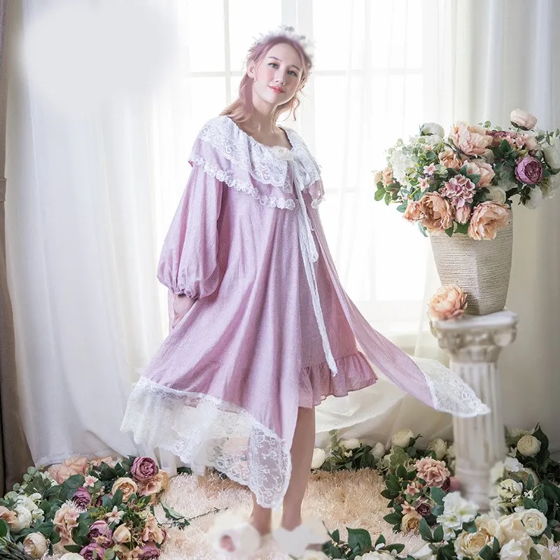 

Vintage Women Nightgown Sleepwear Autumn Spring Romantic Sleep Shirts Long Lace Patchwork Night Wear Sleep Dress