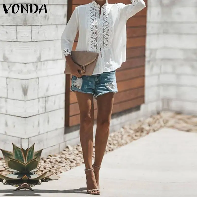  Plus Size VONDA Summer Women Blouses 2019 Seven Sleeve Sexy V Neck Lace Floral OL Office Shirt Blou