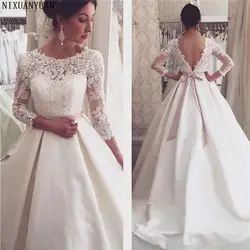 Vestido De Noiva 2019 Свадебные платья Длинные линии 3/4 рукава с кружевной аппликацией сексуальное свадебное платье с открытой спиной Свадебные