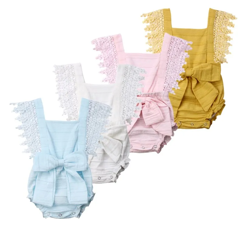 

New Arrivels Newborn Baby Girls Lace Sleeveless Rompers Bowknot Jumpsuit Summer Solid Beach Clothes