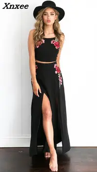 

Summer women two pieces set embroidery sling top+long skirt sexy sleevelesss beach clothing Xnxee