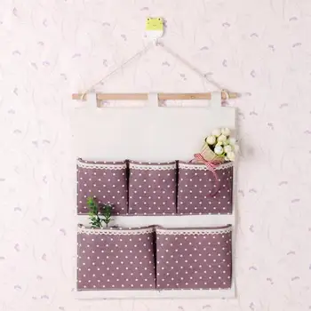 

5 Pockets Wall Hanging Storage Bag Dots Printed Cotton Linen Pack Kitchen Door Hanging Pouch Cosmetic Organizer Bags