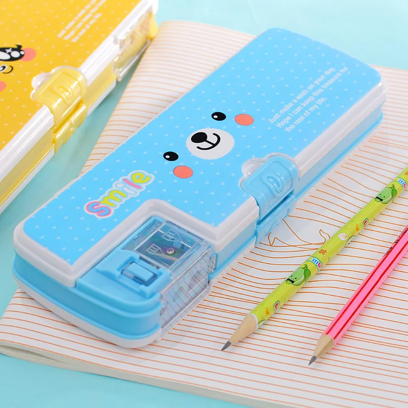 Plastic Simple Pencil Case with Pencil Sharpener for Office Students Storage 