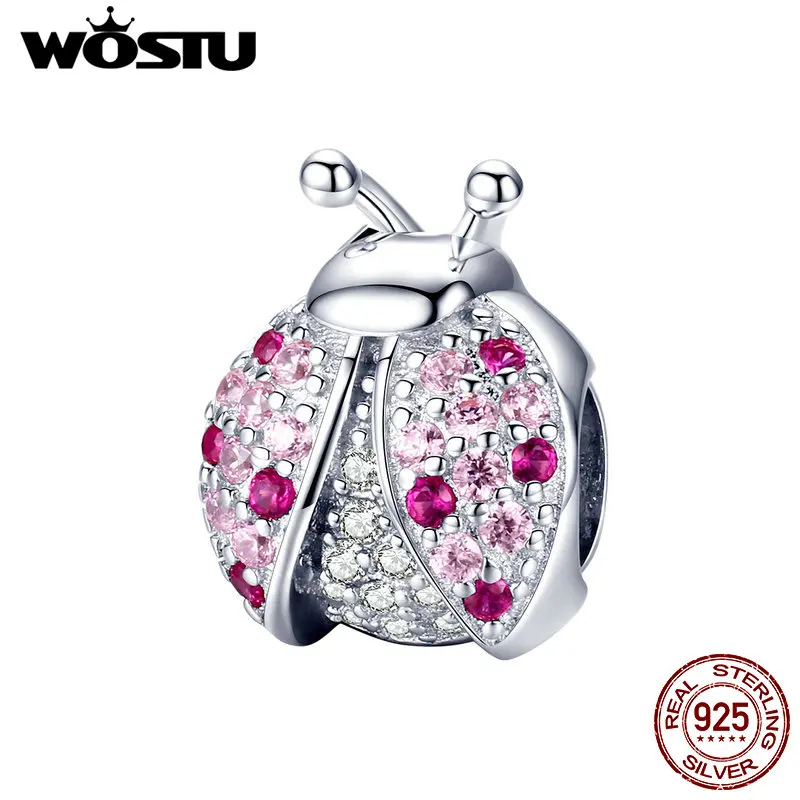 

WOSTU Hot Sale 925 Sterling Silver Pink Round Body Ladybug Pendant For Bracelet Bangle Engagement Wedding Making Jewelry BKC1120