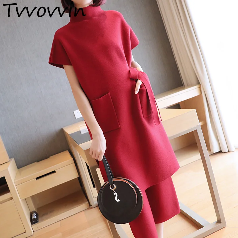 

2019 New Fashion Turtleneck Short Sleeve Spring Summer Knit Suit Female's Wide Leg Pants Two Pieces Set Vestido L454