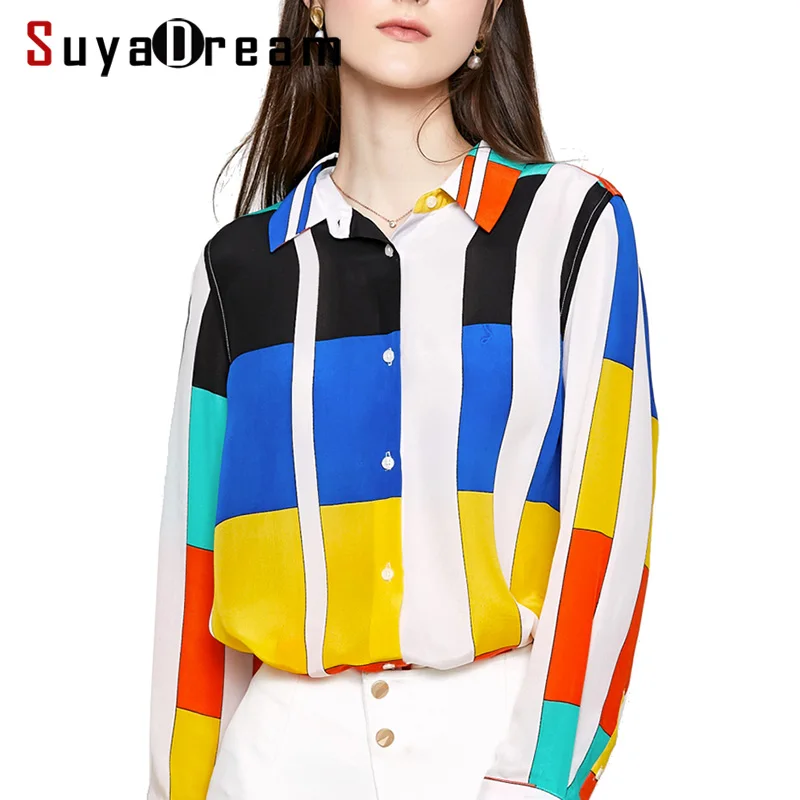 

Women Silk Blouse 100% REAL SILK CREPE Plaid Printed Office Lady Blouses 2019 Spring New Shirt For Women Long Sleeved Blouse