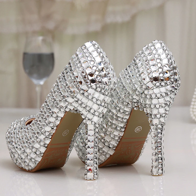 Cristal Femmes Bijoux De Diamant Cendrillon 12 Heels formes Silver À Mariage Hauts 8cm Pompes silver Heels Mariée Glitter Bal Talons Plates Ornée Chaussures Soirée Argent 14cm 12cm Cm w78I7qxr