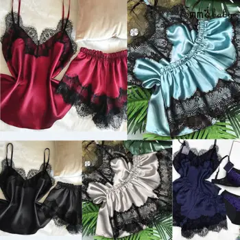 

2PCS Set Women Sexy Satin Lace Sleepwear Babydoll Lingerie Nightdress Pajamas