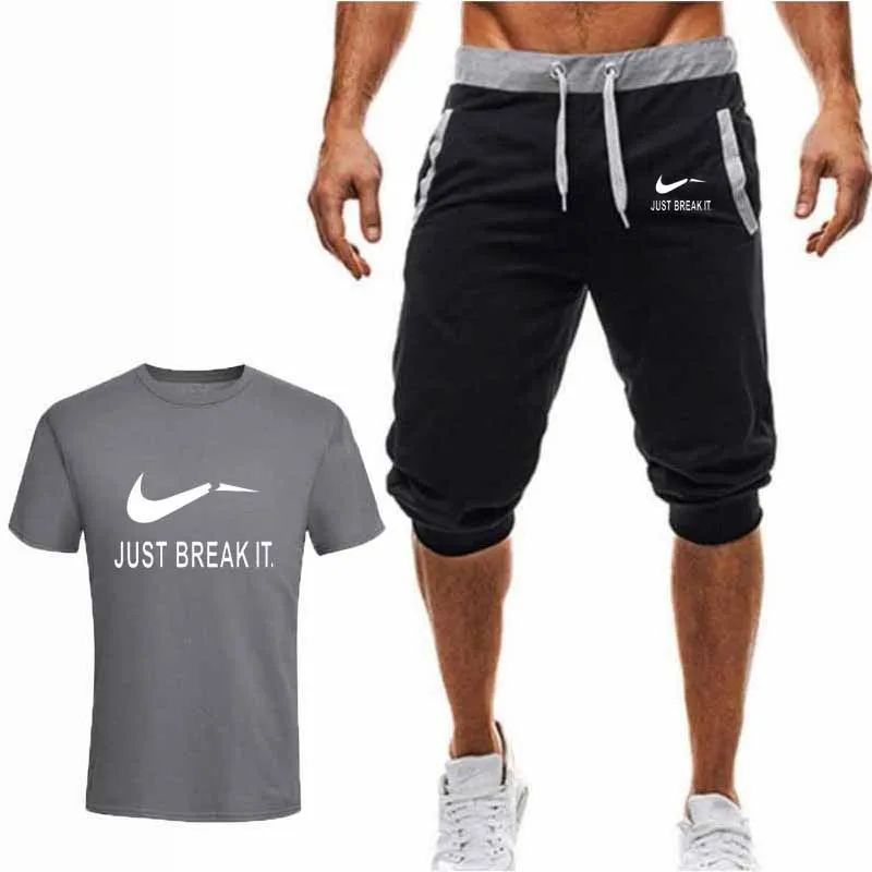 Летние мужские комплекты с принтом, футболки + укороченные брюки, комплекты из двух предметов, повседневный спортивный костюм, Мужская 2019