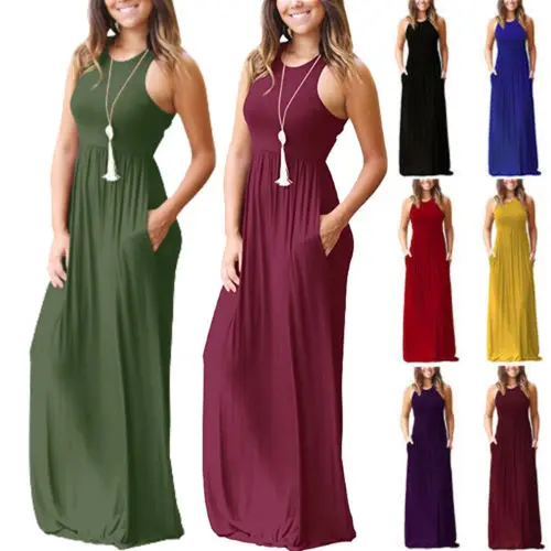 Women Summer Dresses Sleeveless Round Neck Solid Boho Casual Long Maxi Party Cocktail Beach Dress Sundress