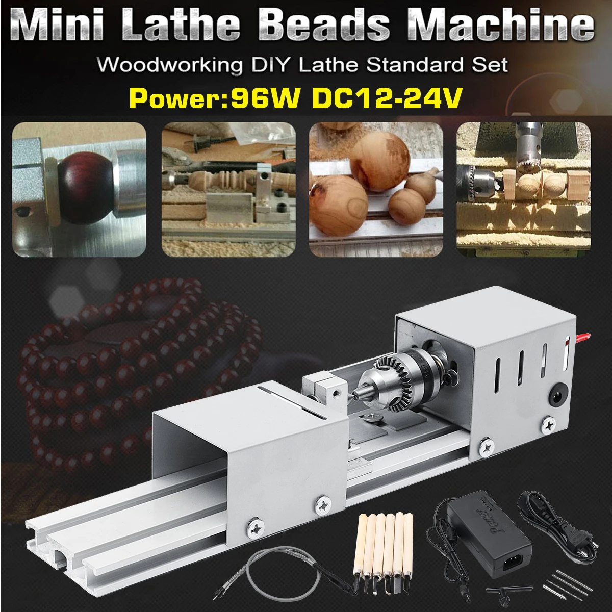 

DC12-24V Mini Lathe Beads Machine with Soft shaft Woodwork DIY Lathe Standard Set with Power Carving Cutter Wood Lathe