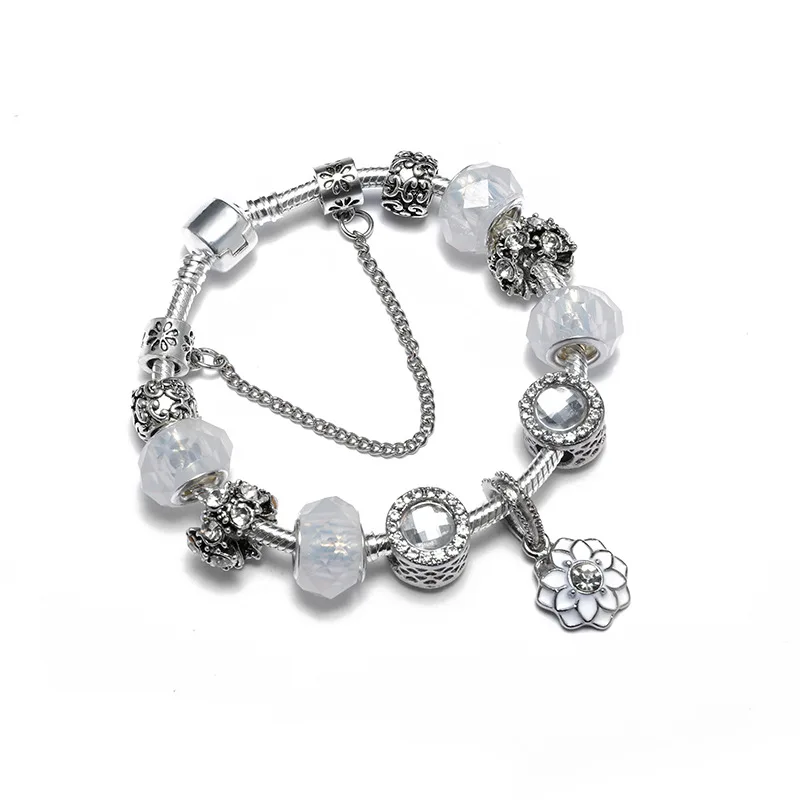 

Dropshipping Fashion Silver Charms Bracelet Bangle For Women Crystal Flower Beads Fit Brand Original Bracelets Jewelry Pulseras