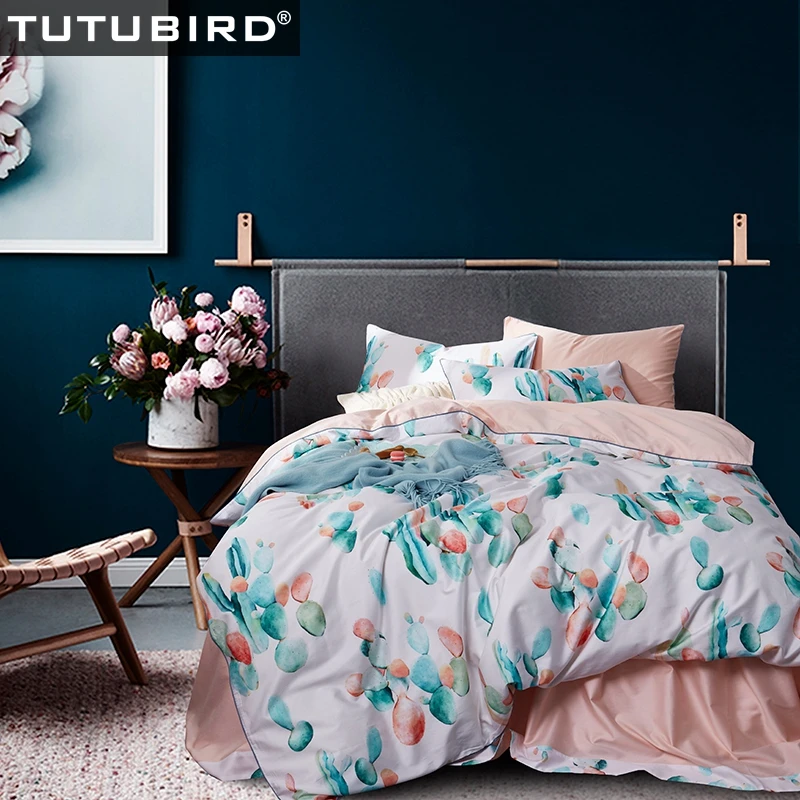 

100% Egyptian cotton Satin bedding set bedclothes pastoral cactus print bed sheet linen duvet cover 4pcs pillowcases king size