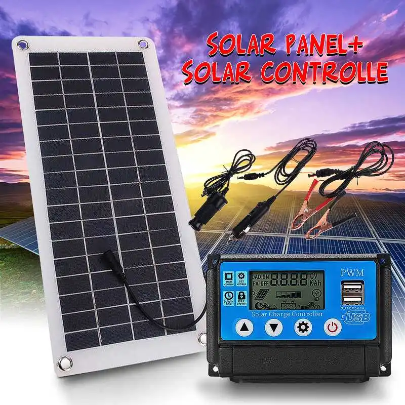 

25W USB Polysilicon Solar Panel with Car Charger + 50A Solar Charge Controller Regulator for Outdoor Camping Emergency Light