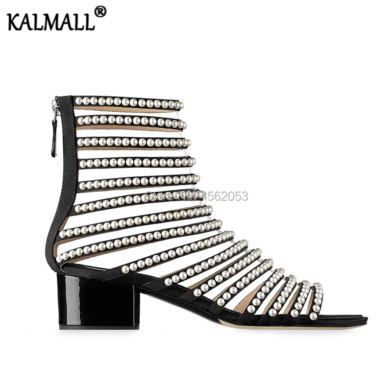 

KALMALL Celebrity Runway Shoes Black Summer Boots Women Cut Outs Peep Toe Gladiator Sandalias Back Zip Block Heel Pearl Sandals