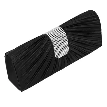 

NEW WOMEN SATIN DIAMANTE LADIES PLEATED WEDDING BRIDAL PROM HANDBAG CLUTCH BAG BLACK