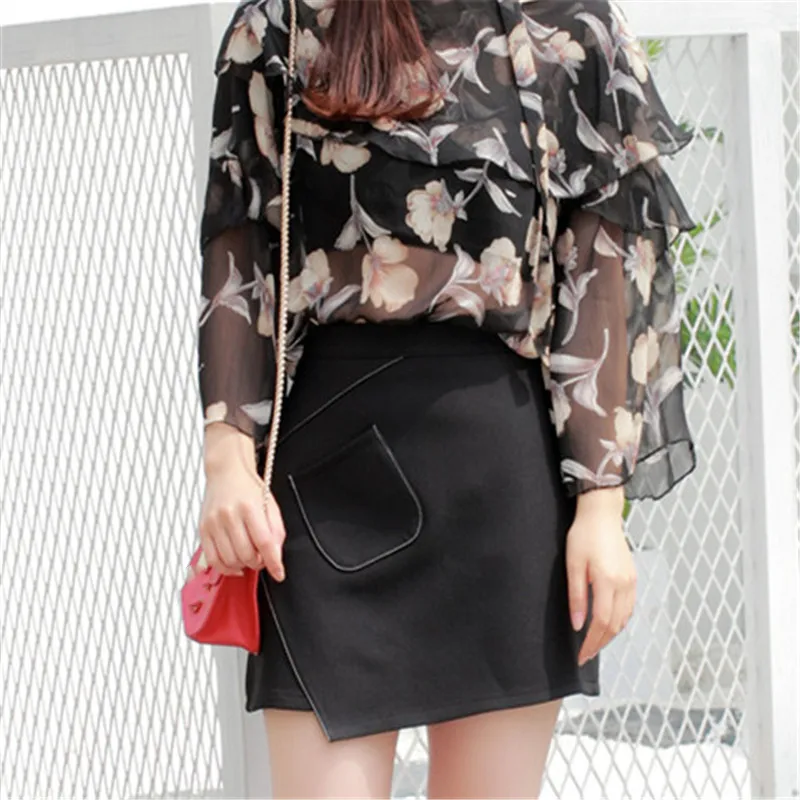 

2019 Korean Women Package Hip Skirt Female A-Line Slim Black Mini Skirts Office Lady High Waist Patchwork Skirts With Pockets