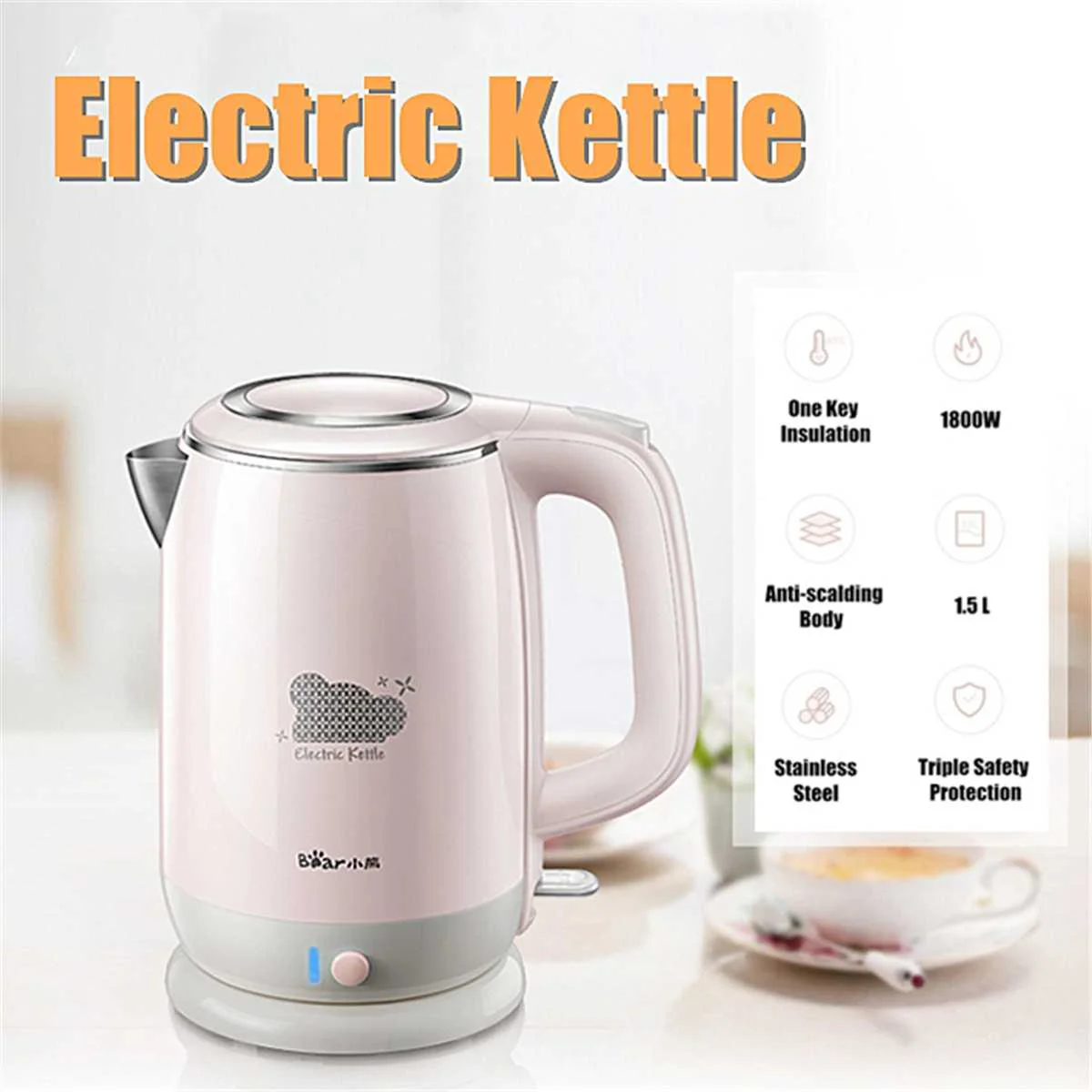 

1.5L Stainless Steel Water Kettle Handheld Instant Heating Electric Water Kettle Auto Power-off Protection Wired Kettle 1800W