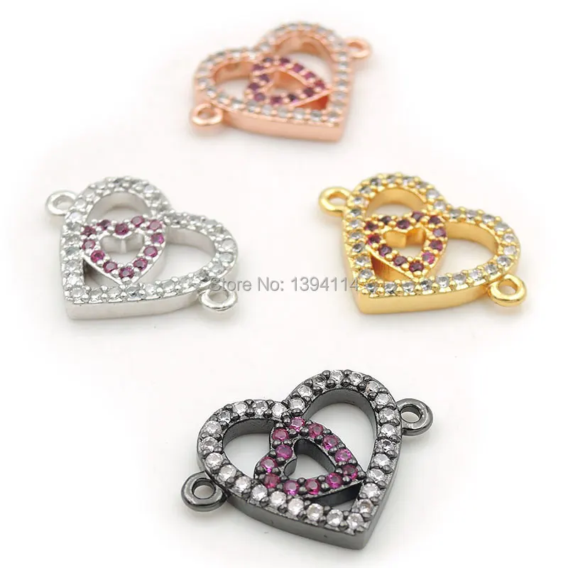 

17*12*2mm Micro Pave Clear&Fuchsine CZ Combination Connector Of 2 Varying Hearts Fit For Women As DIY Bracelets Accessory