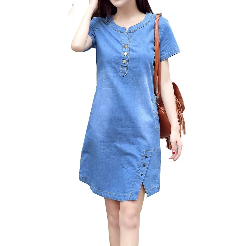 2019 Women Korean Casual Denim Dress Straight Summer Loose Jeans Dress With Button Pocket Sexy Denim Mini Dress