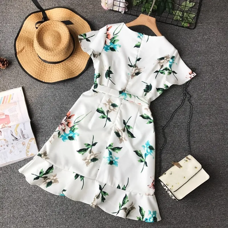 

3 Colors Lady Floral Wrap Dress Ladies Deep V-neck Short Sleeve Ruffles Dress Beach Party Mini Dress