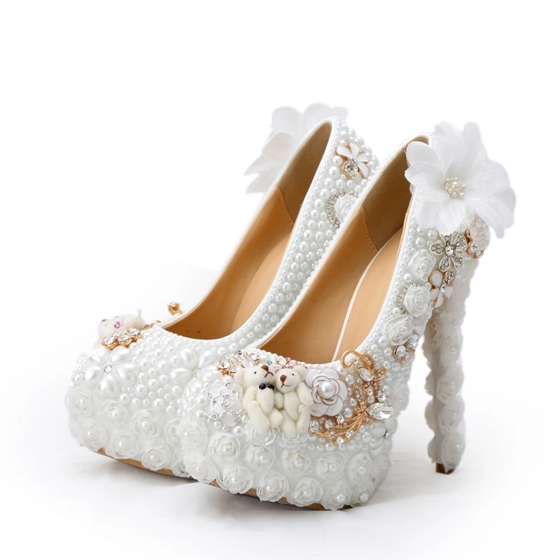 

Wedding Shoes White Pearl High Heel Bridal Dress Shoes with Lace Appliques Party Prom Pumps Beautiful Platforms Lady Court Shoes