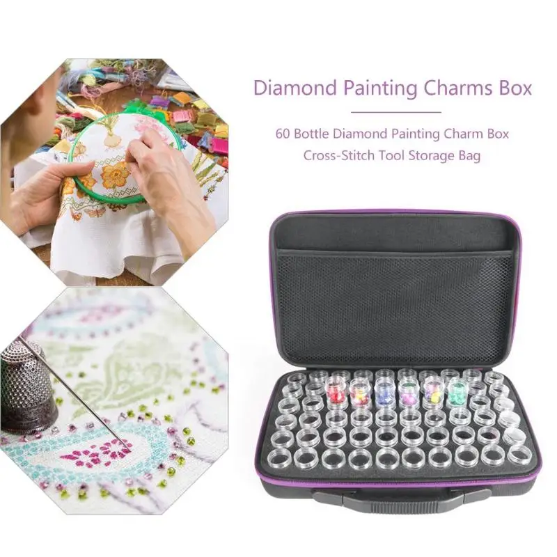 

60 Bottles Diamond Painting Box Tool Container Storage Box Carry Case Holder Hand Bag Zipper Design Shockproof Durable