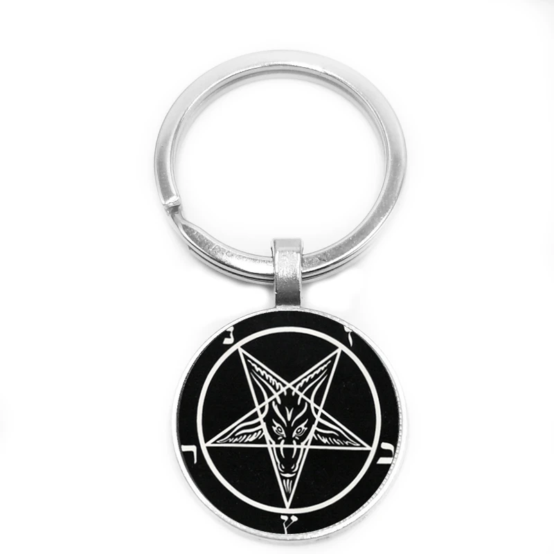 

2019 New Hot Baphomet Five-pointed Star Logo Keychain Glass Pendant Round Pattern Silver Key Ring Gift