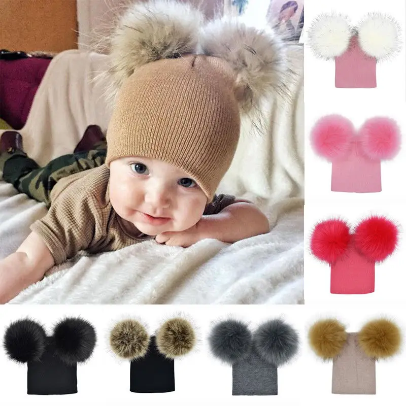 

Cute Kids Baby Boys Girls Knitted Hat Pom Hat Winter Warm Crochet Knit Bobble Two Big Faux Fur Balls Beanie Cap