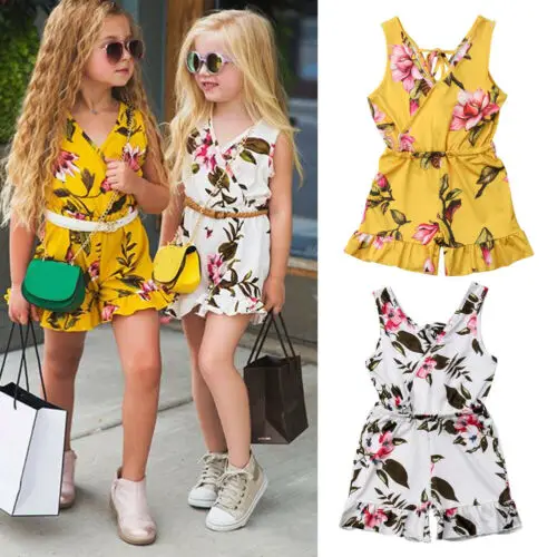 

Summer Kids Baby Girls Boho Floral Romper Sleeveless Flowers V-Neck Flared Pants Playsuits Children Girl Beach Clothes 1-6Y
