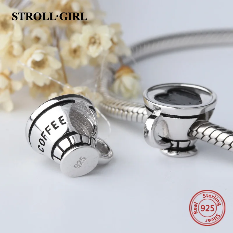 StrollGirl genuine coffee cup beads 925 sterling silver Charms fit original pandora pendant bracelet diy jewelry making gifts