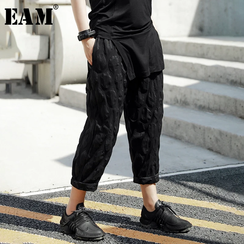 

[EAM] 2019 New Autumn Winter High Elastic Waist Black Three-dimensional Circle Loose Pants Women Trousers Fashion Tide JT543