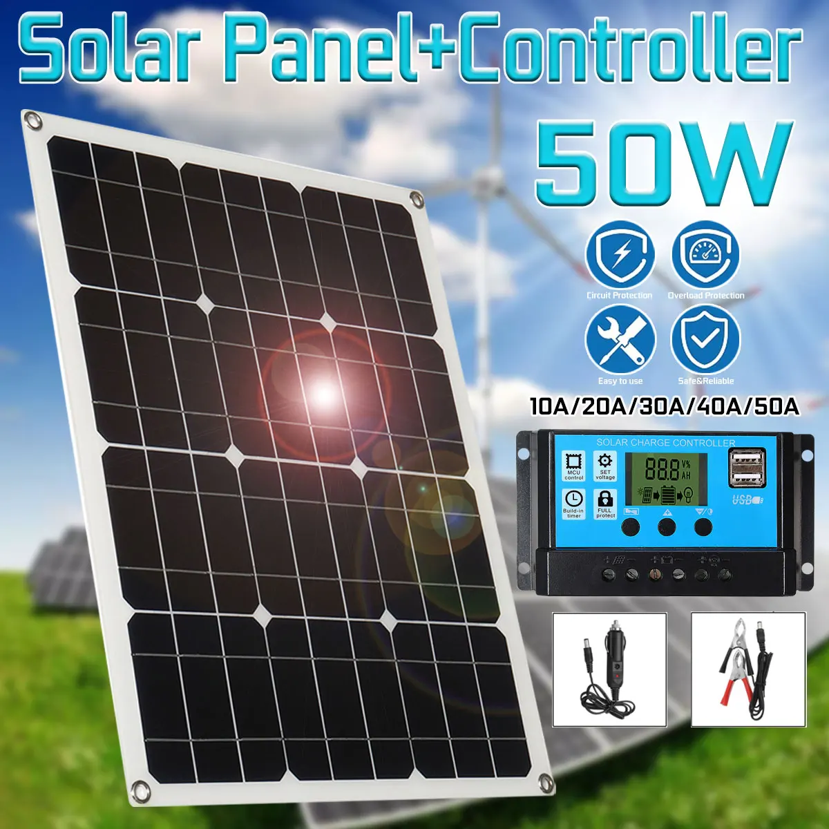 

Solar Panel 18V 50W Solar Charger 2 USB Solar Cells Poly Solar Panel For Hause Boat 12V Car Battery MC4 Cable 10/20/30/40/50A