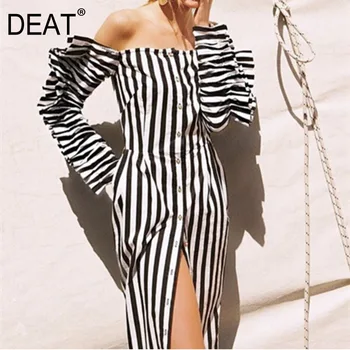 

DEAT 2020 Spring New Black And White Striped Strapless Petal Sleeve Single-breasted High-quality Fashion Sexy Women Dress QF381